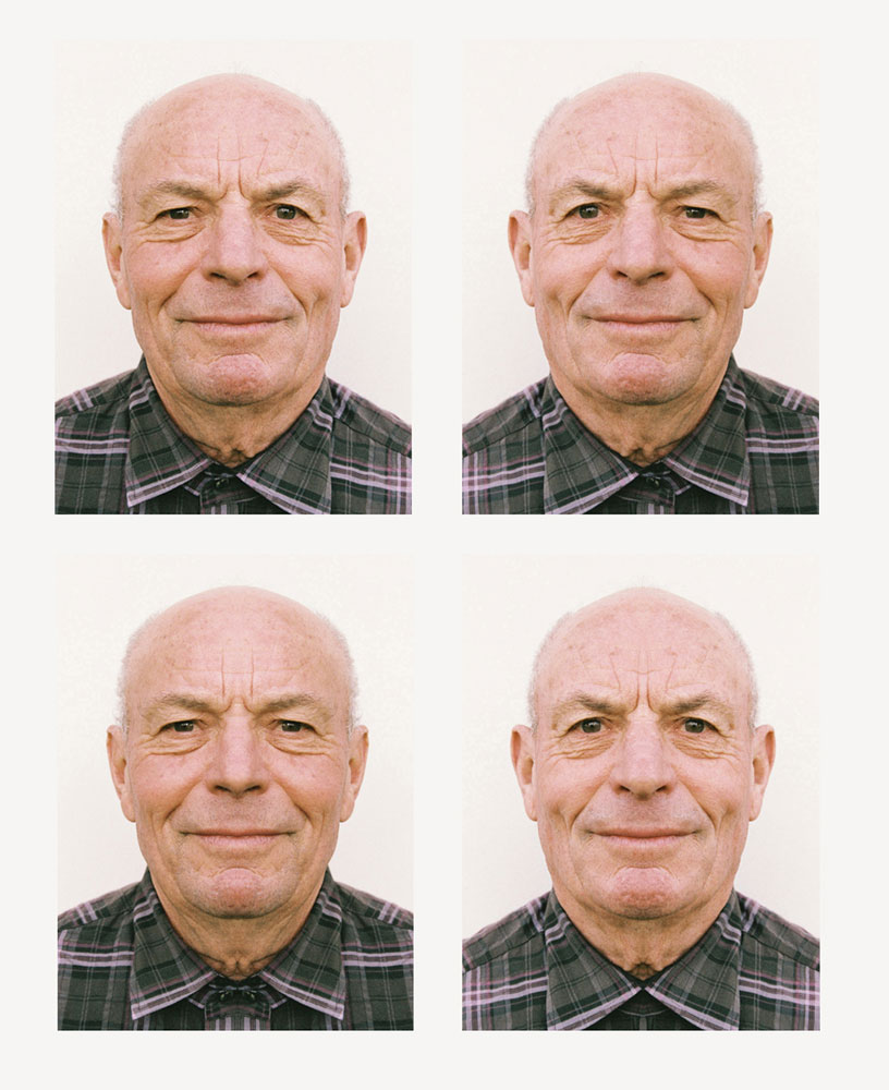 "portrait d'identité de Papa" : photographie ressemblant à des photos d'identité : 4 vues d'un même visage ou presque : les deux portraits du haut sont inversés dans le miroir et les deux portraits du bas sont issus du collage en symétrie complète, du seul côté gauche et seul côté droit prise par cécile briand