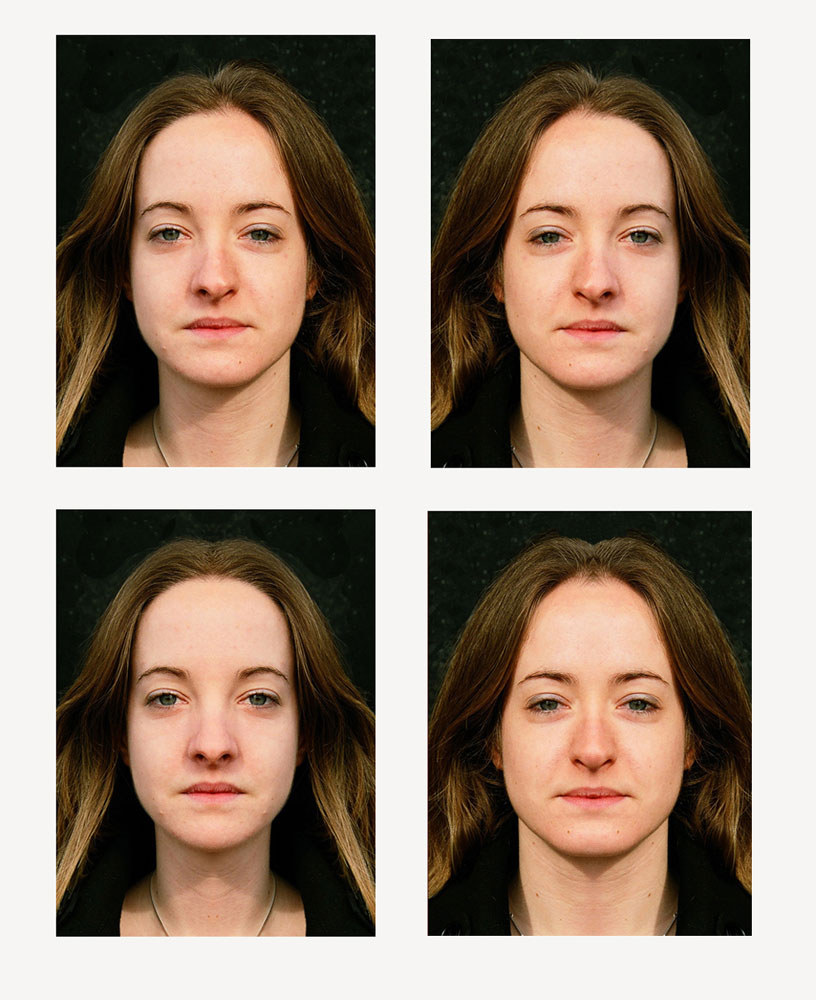 "portrait d'identité de Sonia" : photographie ressemblant à des photos d'identité : 4 vues d'un même visage ou presque : les deux portraits du haut sont inversés dans le miroir et les deux portraits du bas sont issus du collage en symétrie complète, du seul côté gauche et seul côté droit prise par cécile briand