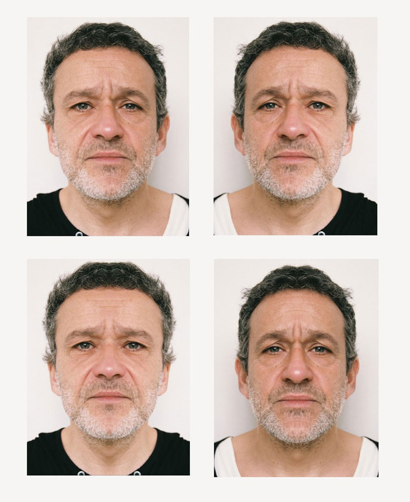 "portrait d'identité de Fabrice" : photographie ressemblant à des photos d'identité : 4 vues d'un même visage ou presque : les deux portraits du haut sont inversés dans le miroir et les deux portraits du bas sont issus du collage en symétrie complète, du seul côté gauche et seul côté droit prise par cécile briand
