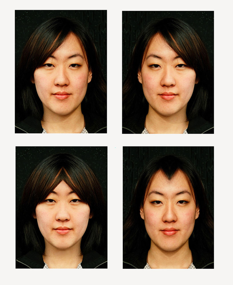 "portrait d'identité de Maggy" : photographie ressemblant à des photos d'identité : 4 vues d'un même visage ou presque : les deux portraits du haut sont inversés dans le miroir et les deux portraits du bas sont issus du collage en symétrie complète, du seul côté gauche et seul côté droit prise par cécile briand